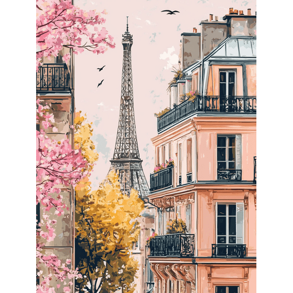 Paris Eiffel Tower and Pink Building Canvas Painting, Suitable for Living Room, Bedroom, Dining Room, Office, and Apartment Decoration.