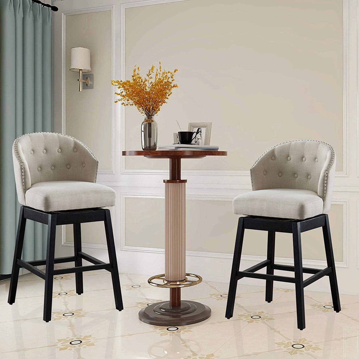 Vanity Art Kitchen Bar Stools Set of 2 Solid Wood Tufted Swivel Bar