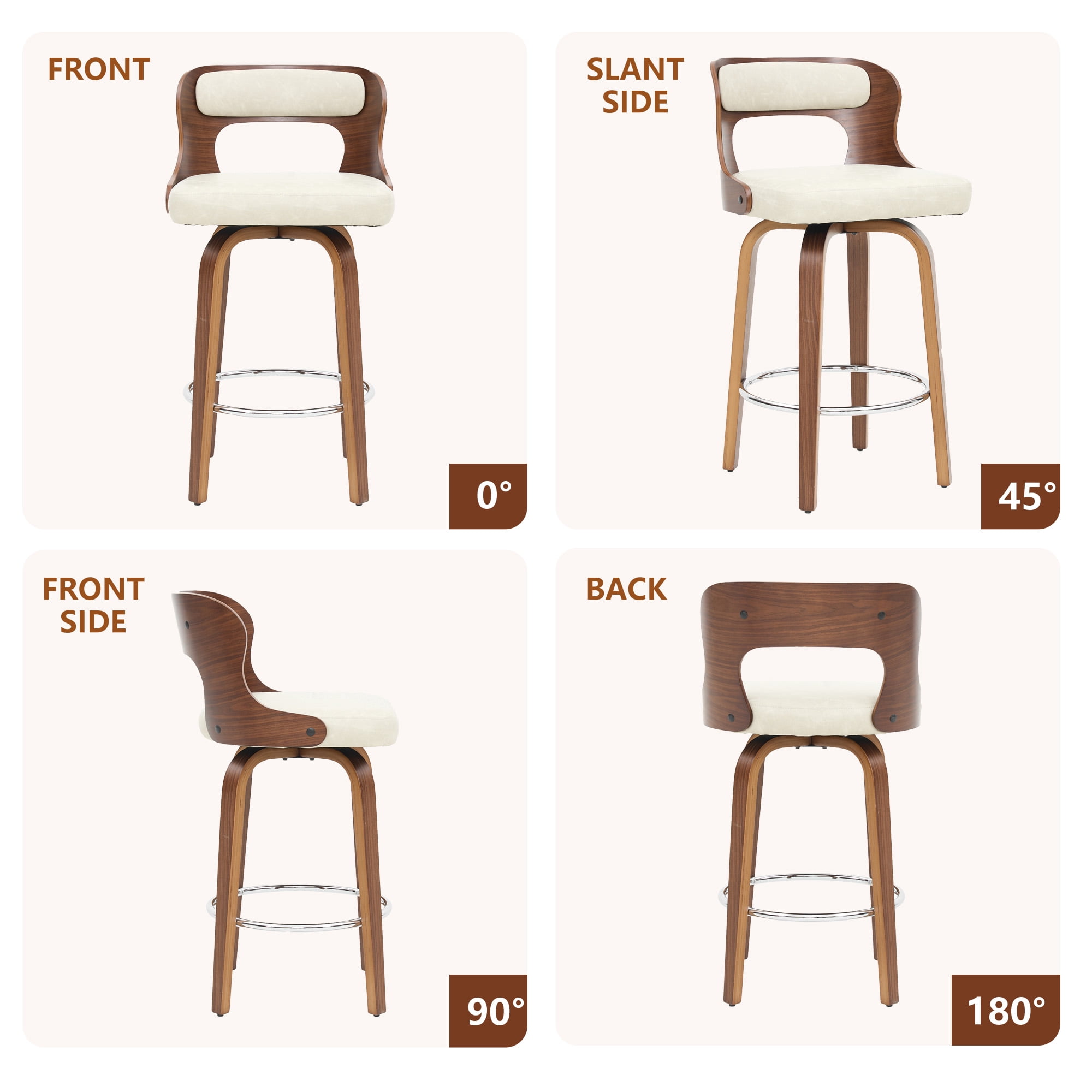 ClinQ 26 inch Swivel Bar Stools Set of 2, Counter Height Bar Chairs with Walnut Legs and Silver Ring Footrest, Upholstered Faux Leather, Beige