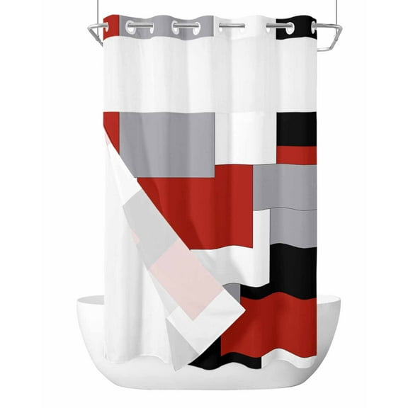 No Hook Red Grey Black Geometric Shower Curtain with Snap in Liner Set, Middle Century Modern Art Abstract Waterproof Fabric Bathroom Curtains with See Through Top Window, Small 36 x 72 Inch