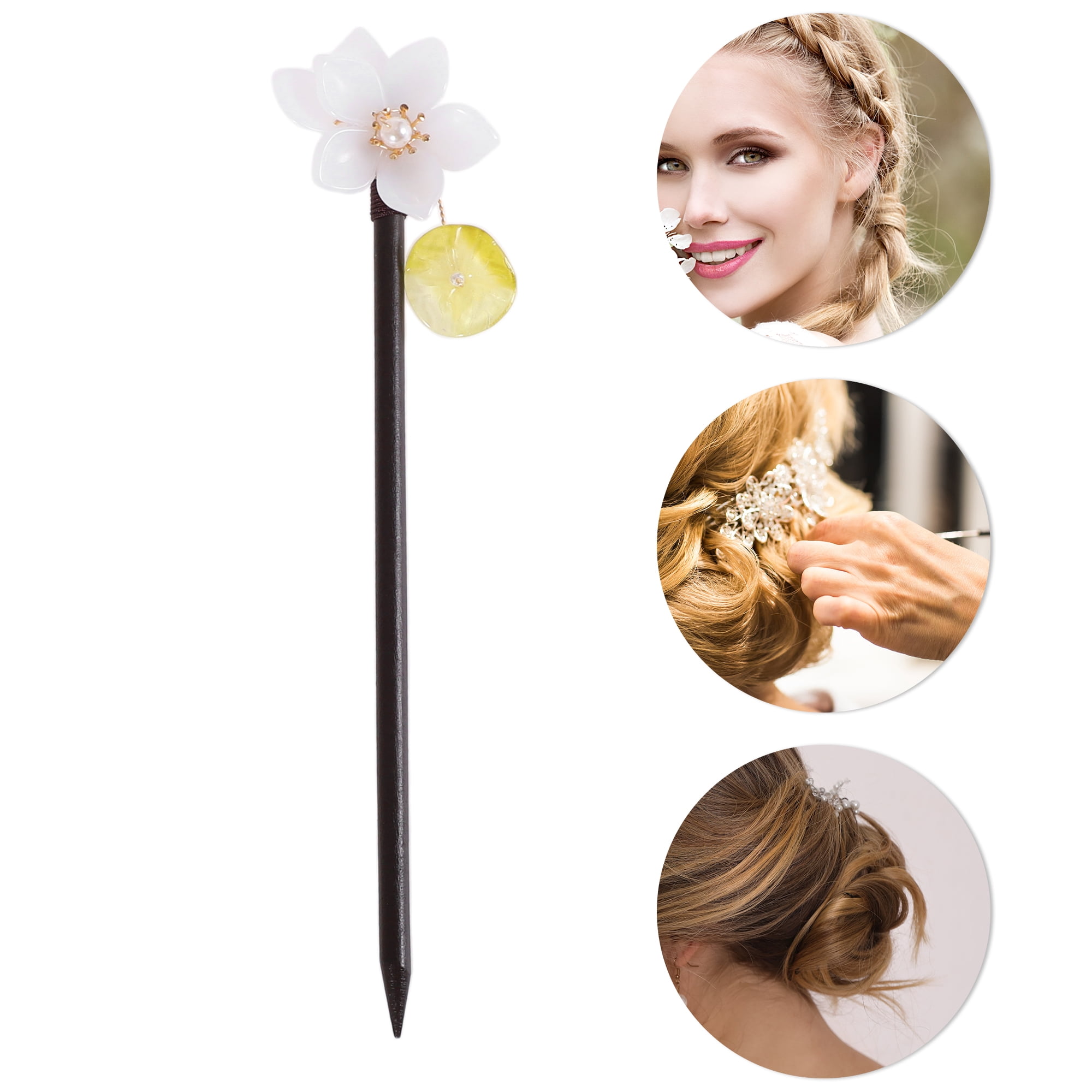 Unique Bargains Flowers Hair Chopstick for Women 1 Pc Black, White 7.48"