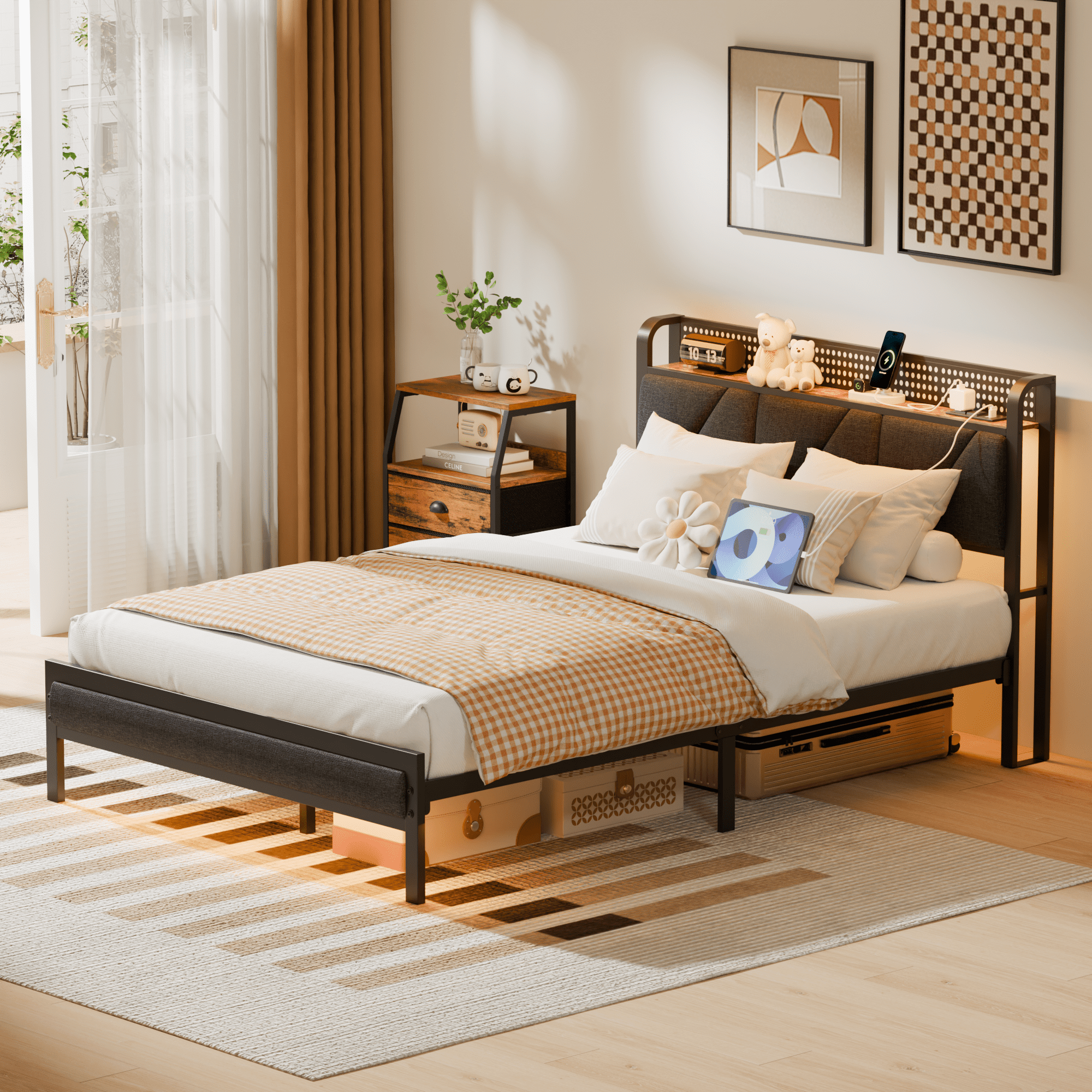 BYT Full Bed Frame with Upholstered Storage Headboard, Metal Platform Bed Station with Charging Station & LED, Noise-Free, No Box Spring Needed