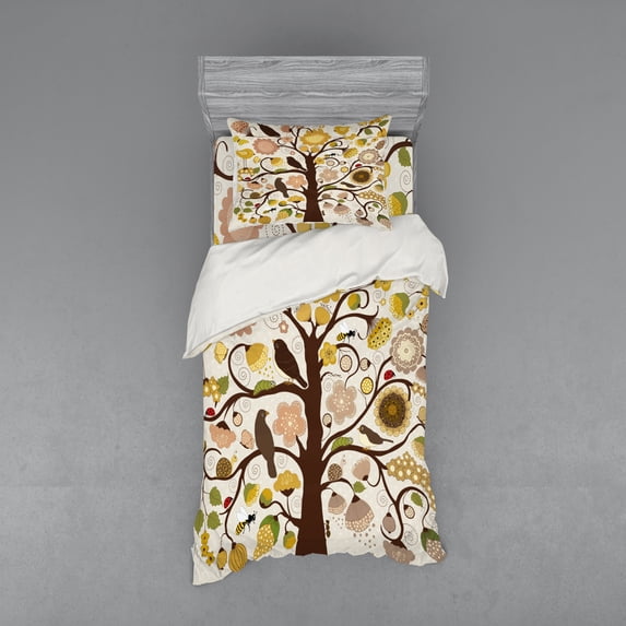 Ambesonne Garden Art Bedding Set 3 Pcs, Botanical Elements Birds, Twin XL, Chocolate Dark Yellow