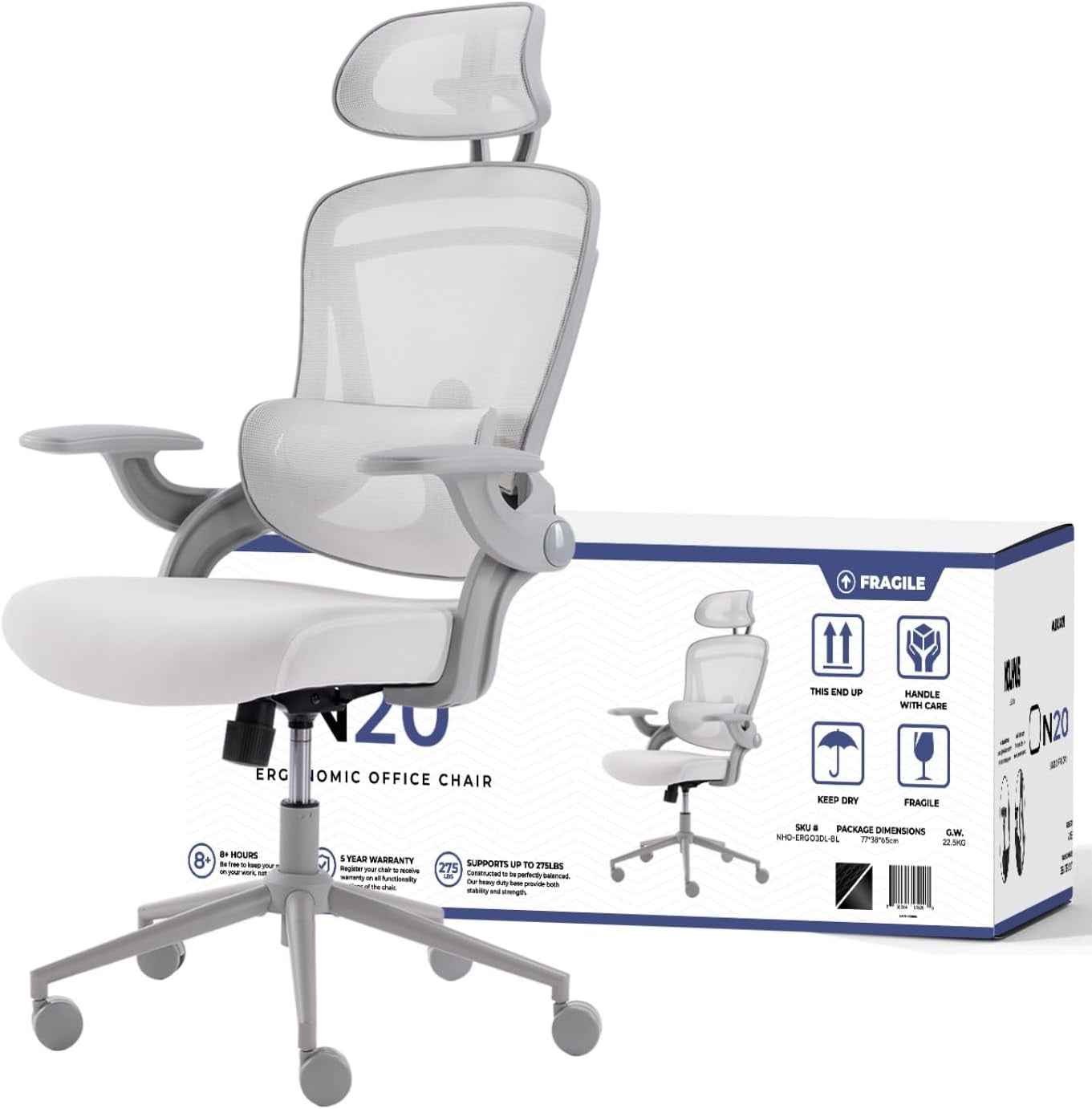 Nouhaus Ergo Fit High Back Ergonomic Mesh Office Chair with Adjustable Lumbar Support for Home Office & Study Room, White