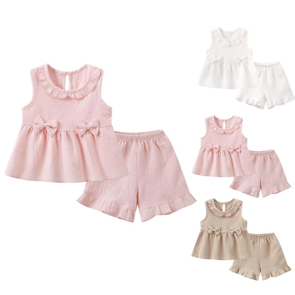Antinious Toddler Girls Round Neck Tank Top Set Solid Bow Collar Tops with Ruffle Shorts Soft Summer