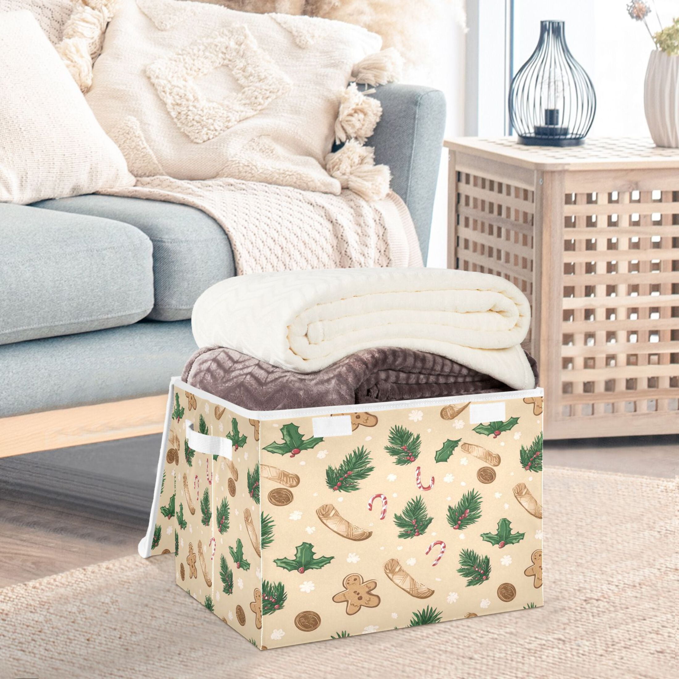 IAUYY 42*32*30cm Storage Bin with Lid Storage Boxes with Handles,300D Oxford Fabric+Hollow Board Applicable to Clothes Storage Office Storage,Bright Beige Color