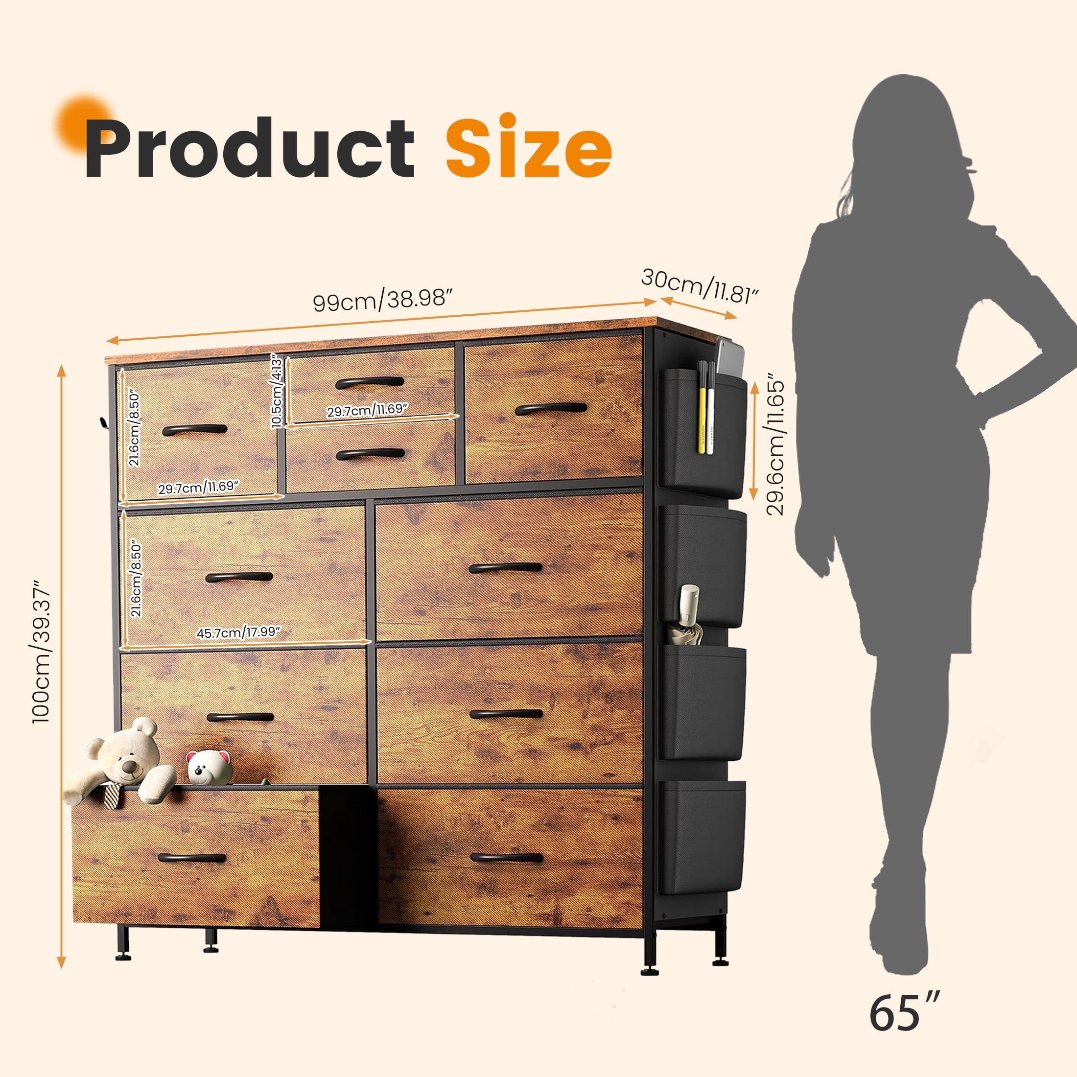 edx Dresser Storage with 10 Drawers, Fabric Dresser Tower with Side Bag, Storage Unit for Bedroom, Closet, Office, Rustic Brown