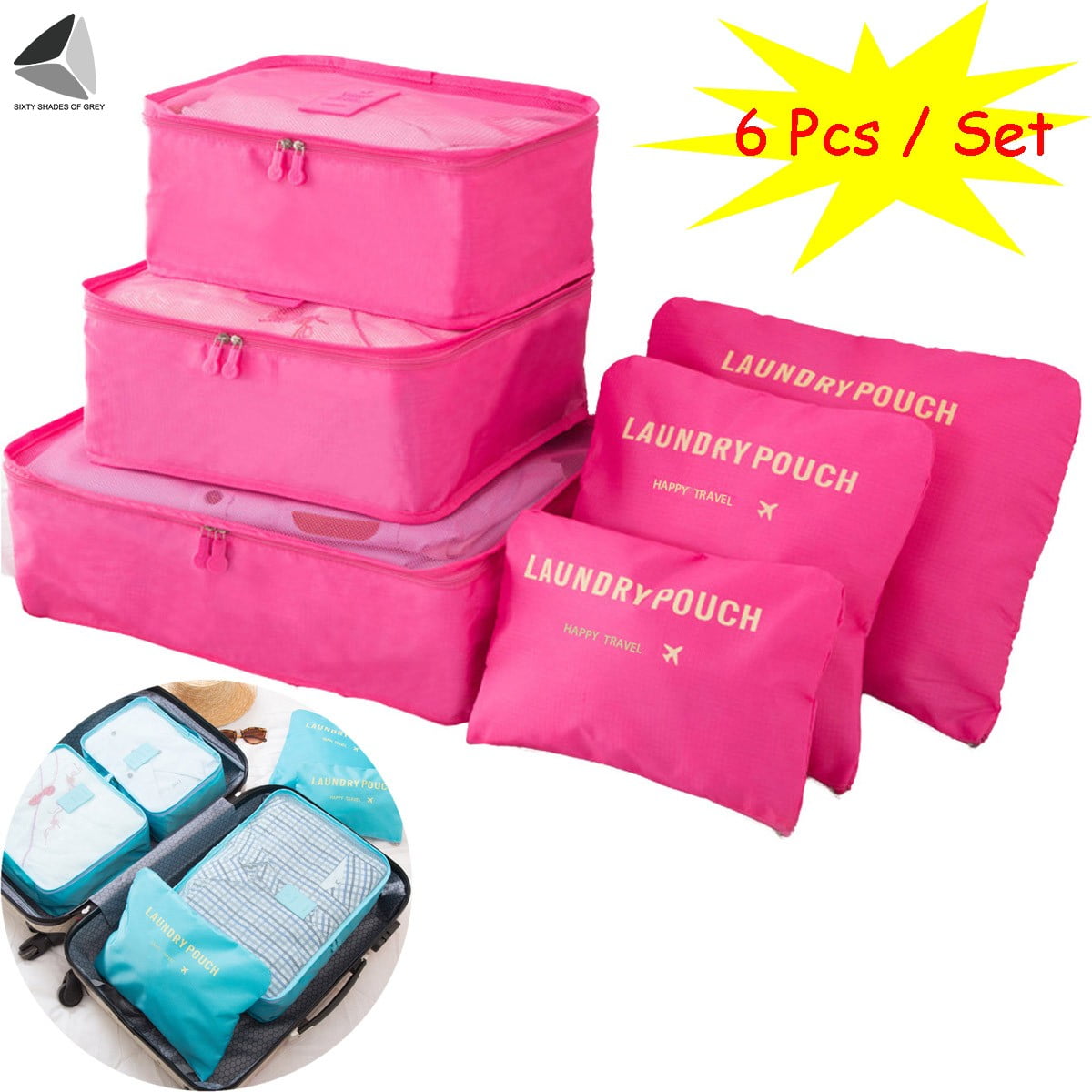 SixtyShadesofGrey 6 Set Travel Luggage Packing Organizer Bags Clothing Storage Cubes & Pouches Rose Red Ivory