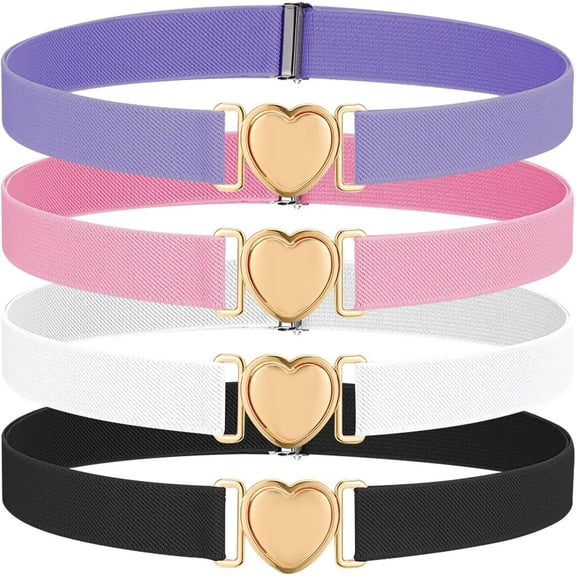 4 Pack Girls Elastic Beltss, Kids Belt Adjustable Stretch Belts with Heart Buckle for Boys Girlss, Girls Belt for Kids Toddler, GGirls Belts Age 7 to 10, Childrens Beltss, Pink Beltt