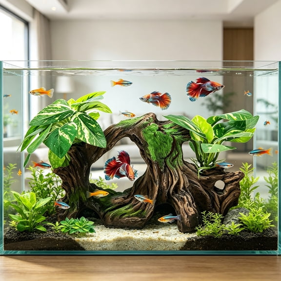 BPPEG 8 Pcs Driftwood Cave Aquarium Decor, Silk Aquarium Plants Leaves are Soft and Safe for Aquarium Decoration and Fish Tank Decoration