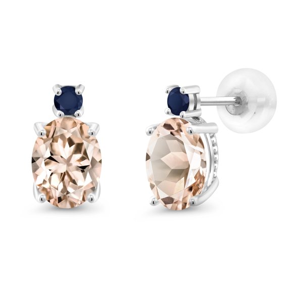 Gem Stone King 14k White Gold Peach Morganite and Blue Sapphire Earrings for Women (2.2Cttw, GemstoneOctober Birthstone, Oval 8X6MM, Round 2.5MM)