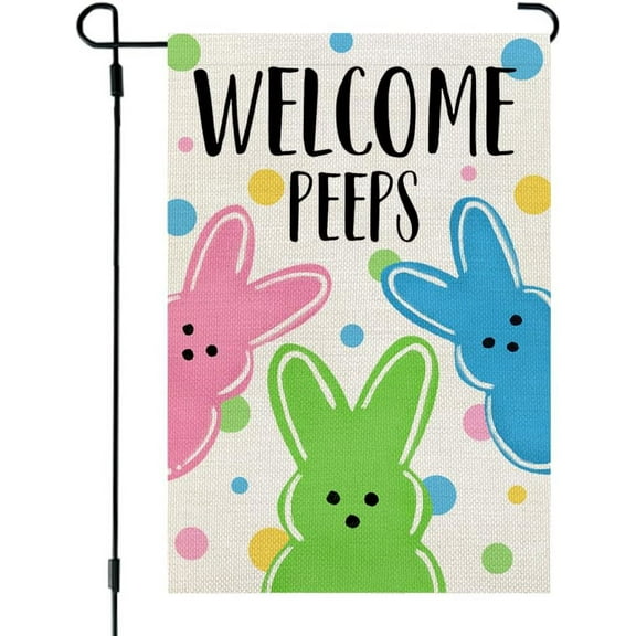 Easter Welcome Peeps Garden Flag 12x18 Inch Double Sided for Outside Small Burlap Holiday Bunny Yard Flag
