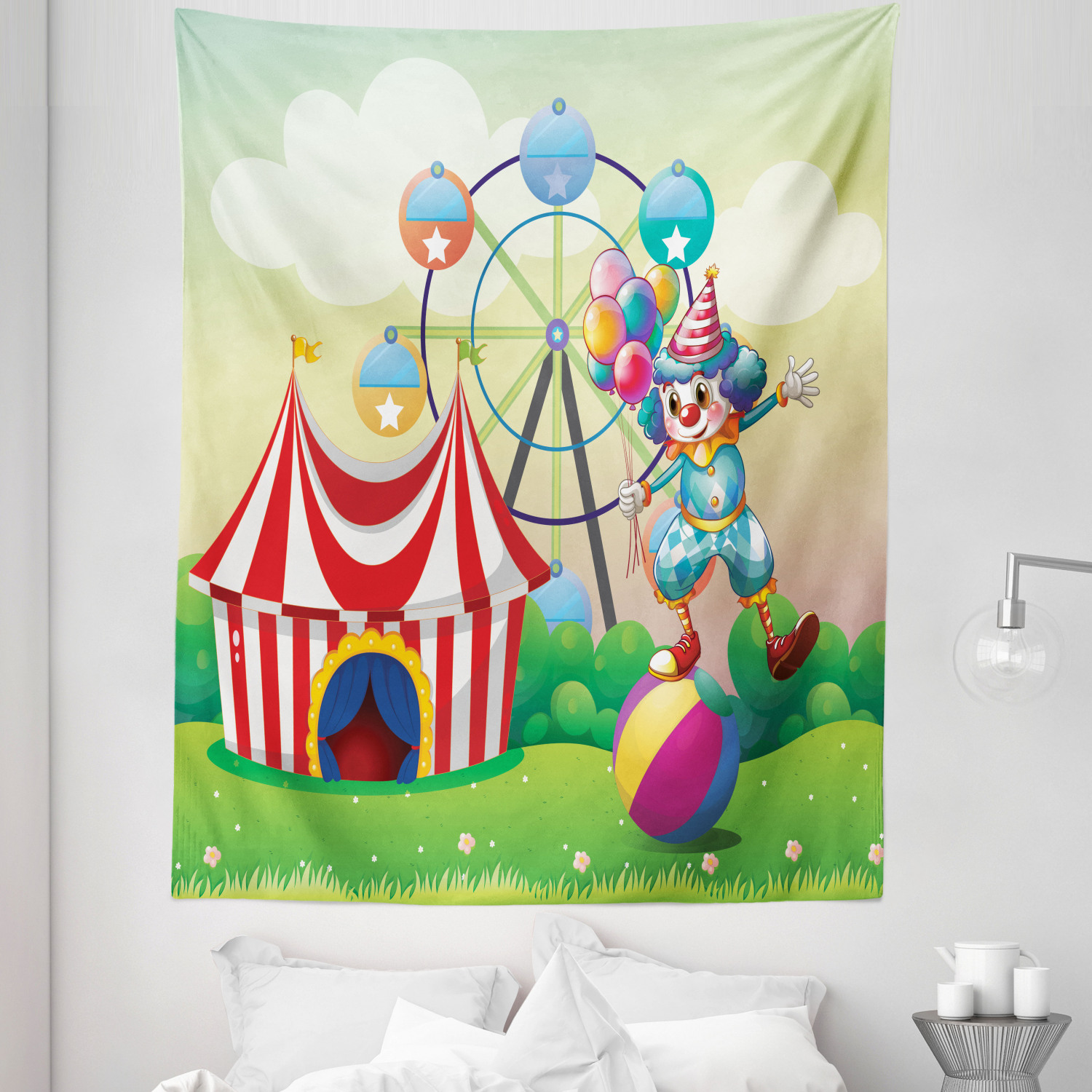 Colorful Tapestry, Illustration of a Clown Balancing Above an ...