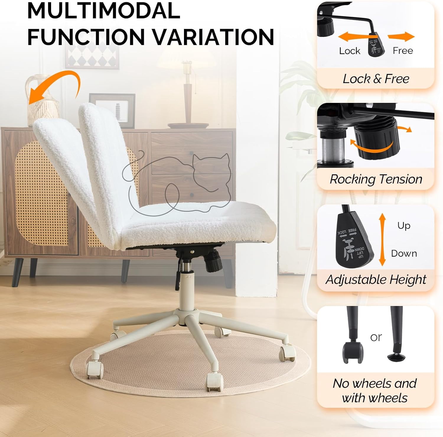 JOYMOR Modern Vanity Chair Dual-Use with/no Wheels, Armless Criss Cross Legged Chair, Swivel Wide Comfy Office Desk Chair, Computer Chair