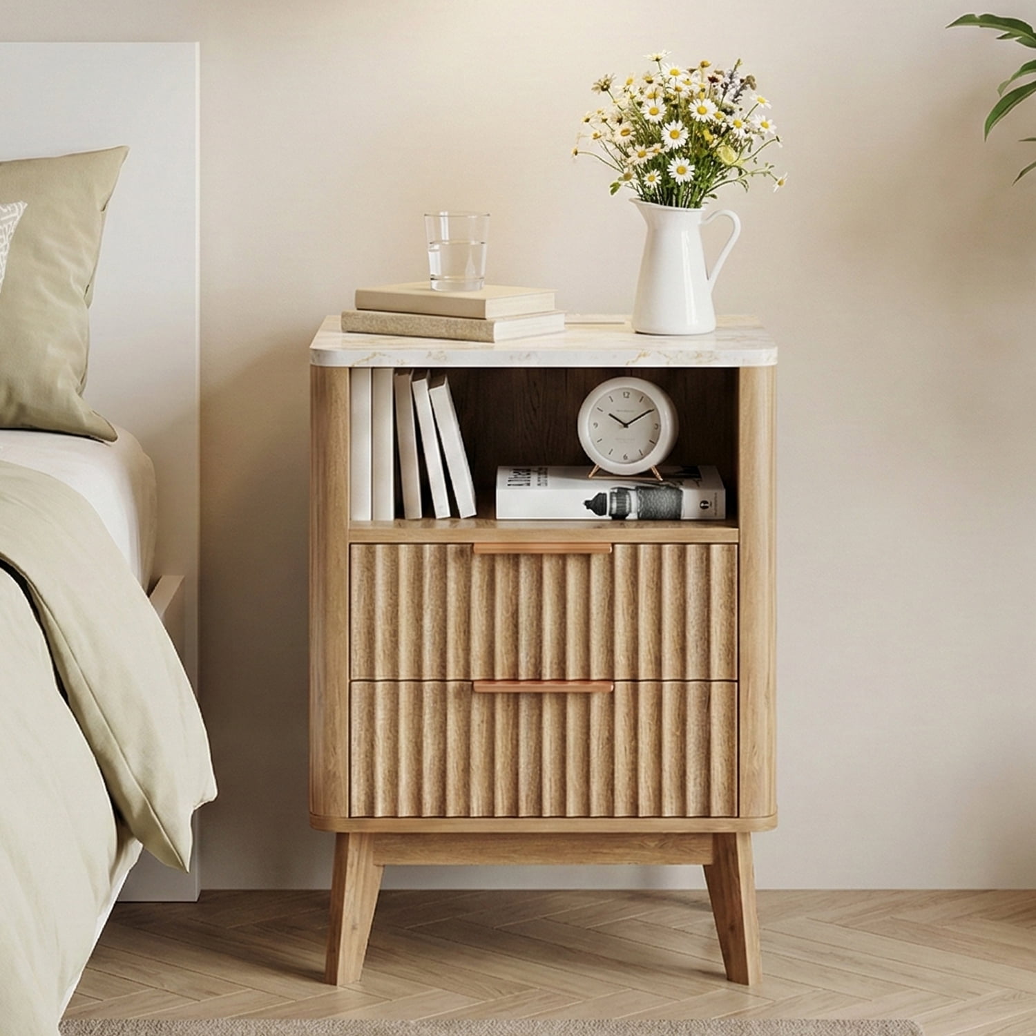 TOMNK Nightstand with Charging Station, 18" Modern Side Table with Faux Marble Top, 2 Drawers End Table w/Storage, Bedside Table for Bedroom, Living Room, Curved Profile Design, Natural Oak
