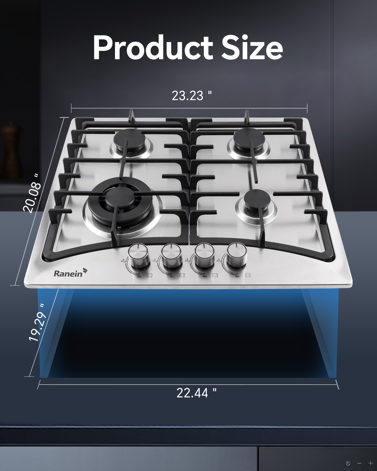 24-Inch 4 Burner Gas Cooktop Stove Top, Built-In Gas Stove, 304 Stainless Steel Panel, NG & LPG Convertible, Compact Cooking Stove for Apartment, Indoor