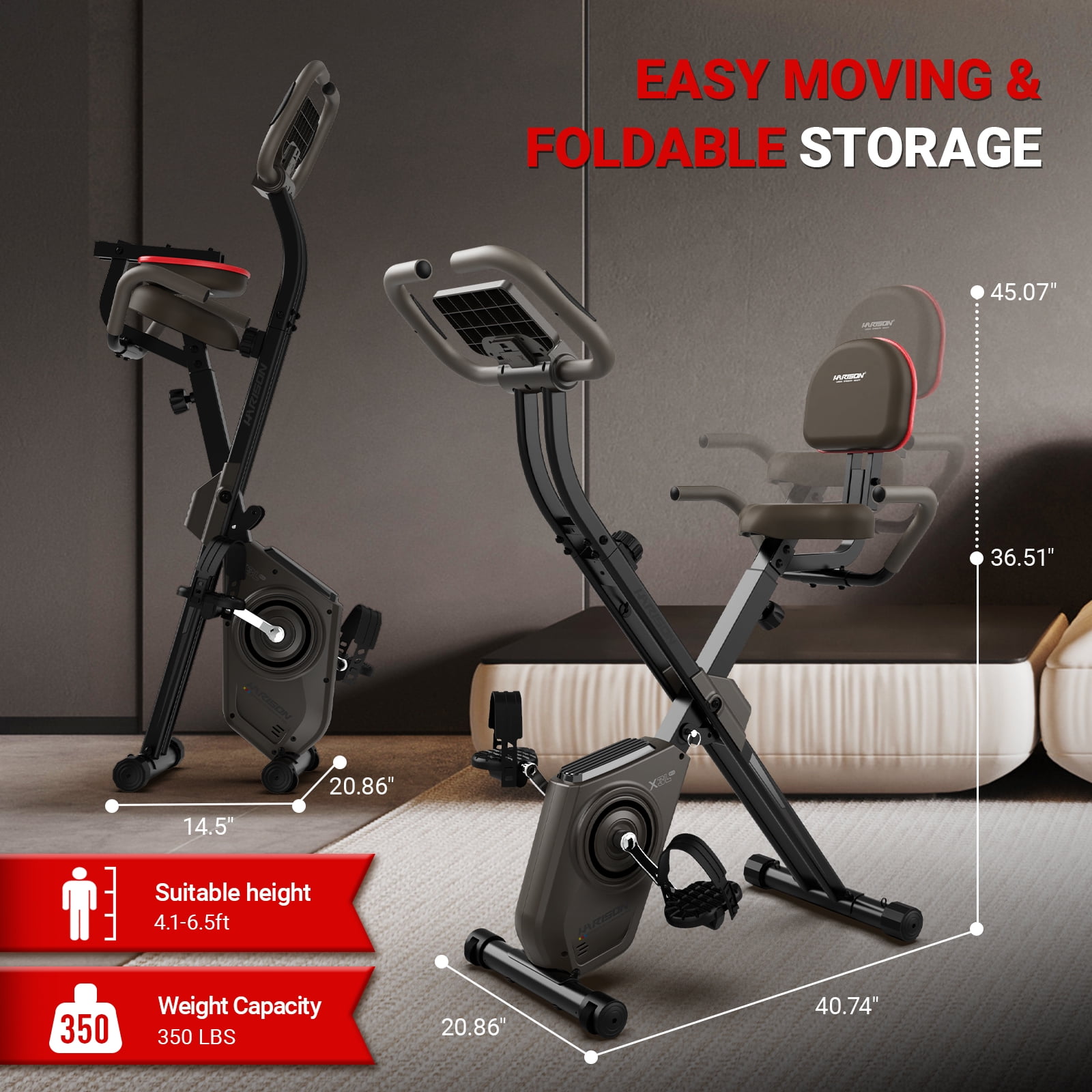 HARISON Folding Exercise Bike 350 LBS Capacity, Stationary Exercise Bike for Home with 16-Level Resistance and Arm Resistance Bands, Magnetic X-Bike with LCD Monitor