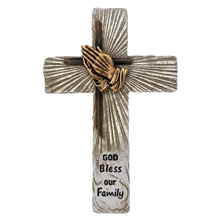 Rustic Praying Hands Wall Cross with God Bless our Family Detail- Decorative Wall Hanging Spiritual Jesus Art Sculpture for Home Décor - Ideal Gift for Rustic Cabin Lodge Enthusiasts