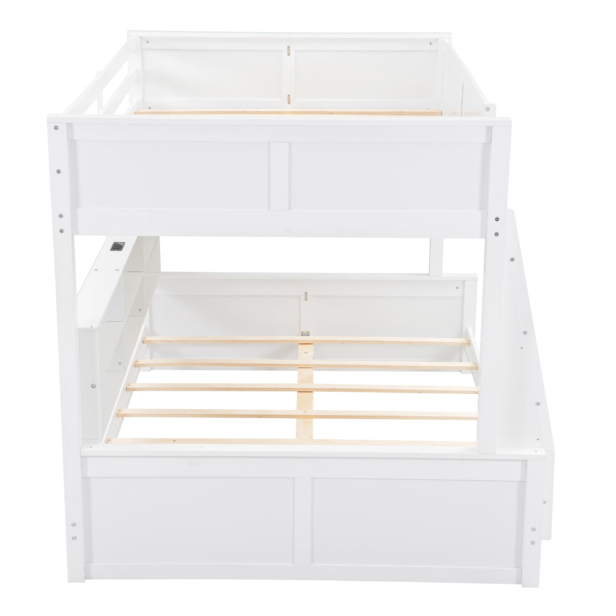 Full XL over Queen Bunk Bed with 6 Storage Cabinets on the Side, USB Ports & Outlets – Solid Pine & MDF Bed Frame with Guard Rails, No Box Spring Needed, Space-Saving Design