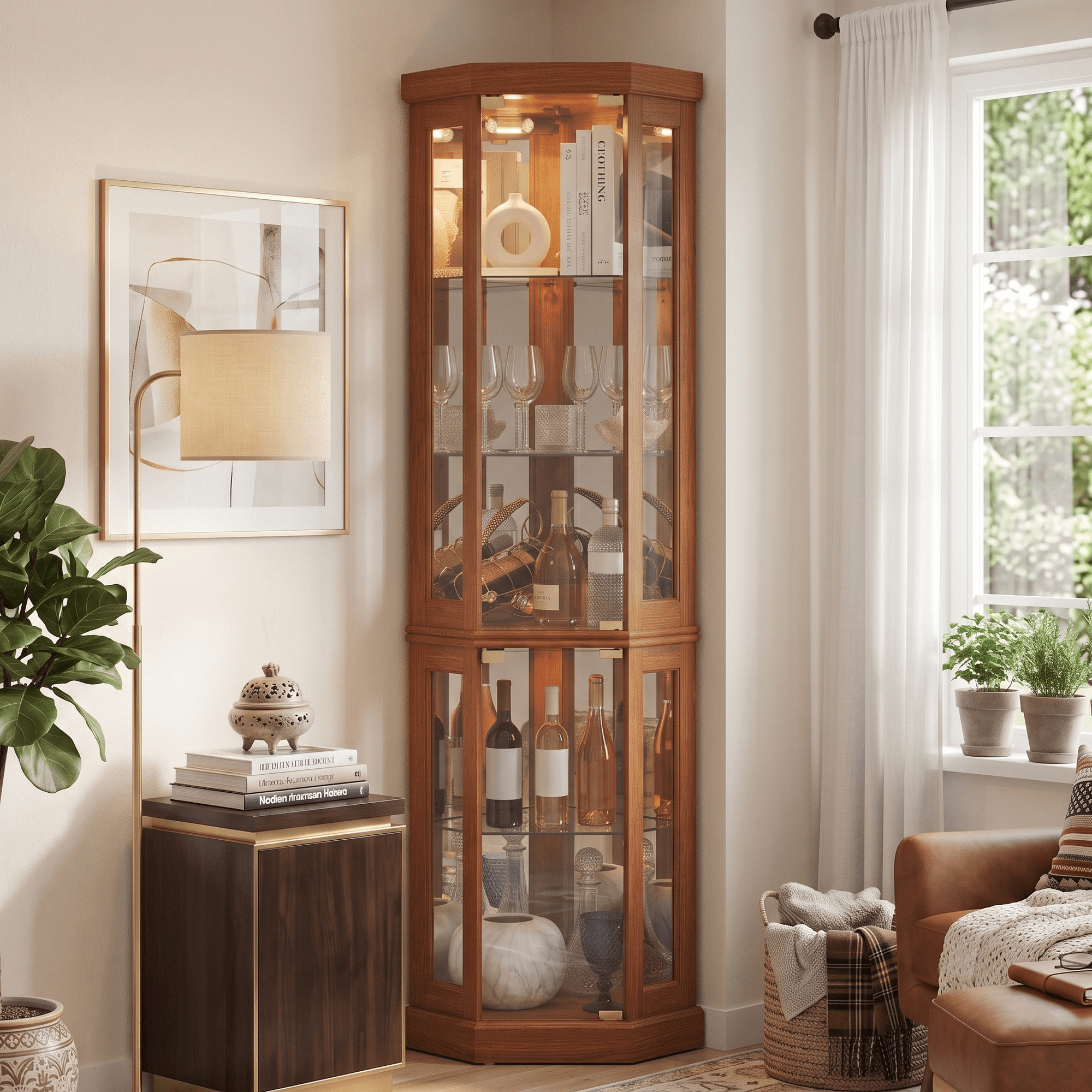 CKEASEAN Lighted Corner Curio Cabinet with Doors - Wooden Display Cabinet with Tempered Glass Shelves and Lights for Living Room, Dining Room