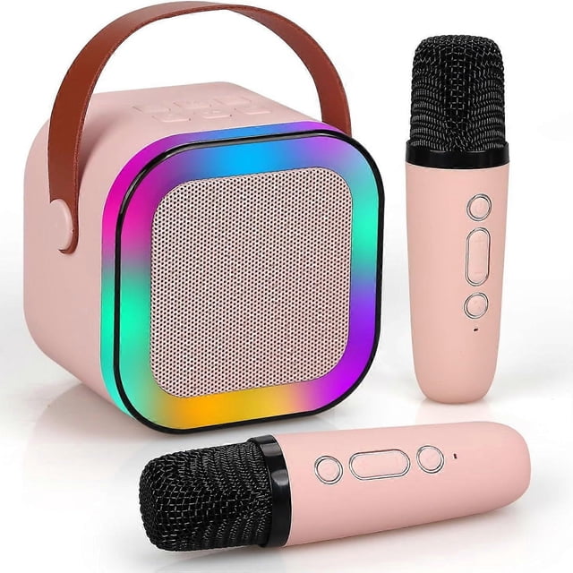 Mini Karaoke Machine for Kids and Adults, Portable Bluetooth Speaker with 2 Wireless Mics, Pink