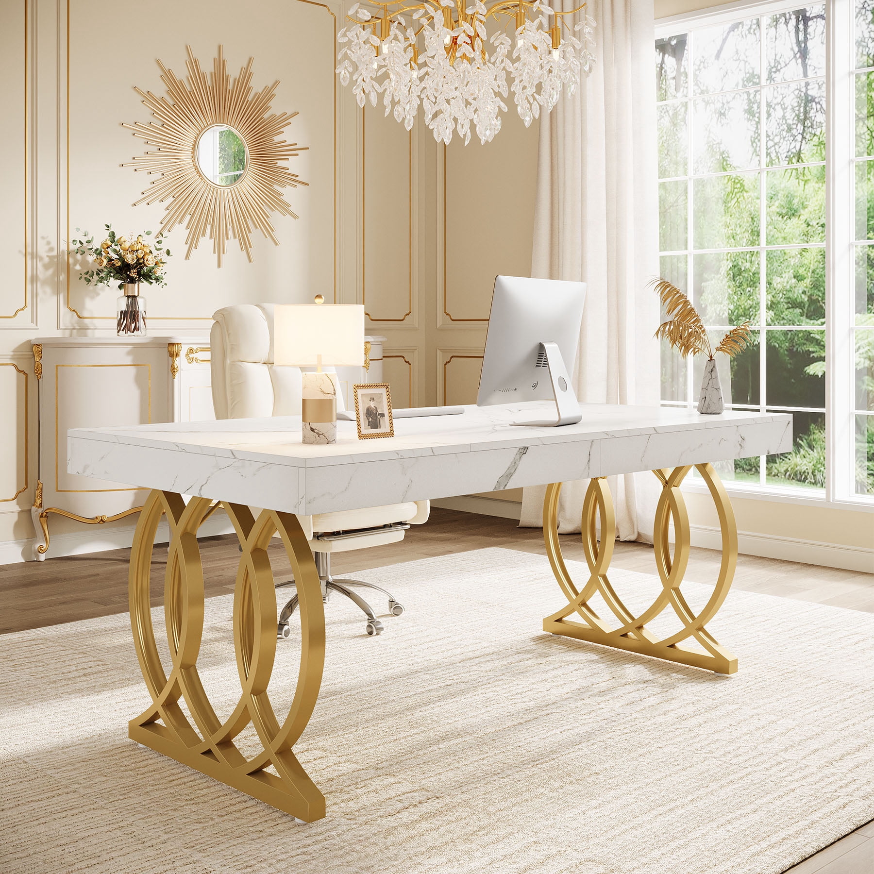 Tribesigns 63-inch Executive Desk, Modern Office Computer Desk with Stylish Gold Legs, White and Gold