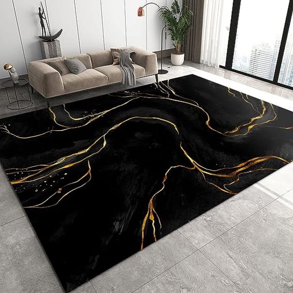 Modern Black Gold Marble Texture Area Rug, Light Luxury Water Wave Art Style Indoor Non-Slip Rugs, With Rubber Backing Decorative Large Carpet For Living Room Boys Bedroom Sports Room 5' x 7'