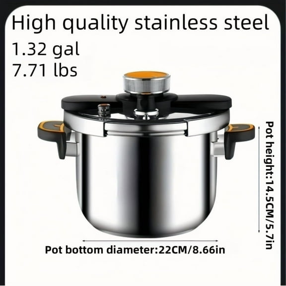 Stainless Steel Pressure Cooker, One-Touch Locking Lid, Safety Valve & Pressure Gauge, Induction & Gas Compatible, Lightweight Durable for Indoor Outdoor Use