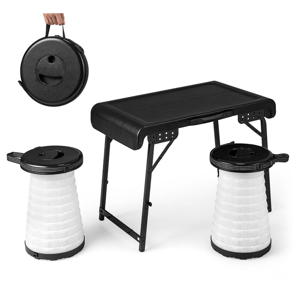 Aimee Lii 3 Pieces Folding Camping Table Stool Set with 2 Retractable LED Stools, Folding Table for Camping and BBQ, Black Aimee Lii 3 Pieces Folding Camping Table Stool Set with 2 Retractable LED Stools, Folding Table for Camping and BBQ, Black