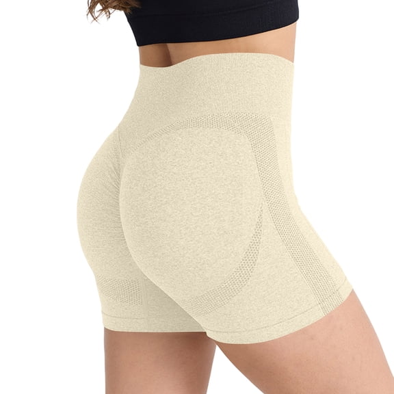 Stichou Workout Seamless Biker Shorts for Women Tummy Control High Waisted Athletic Yoga Contour Soft Running Yoga Short Beige M