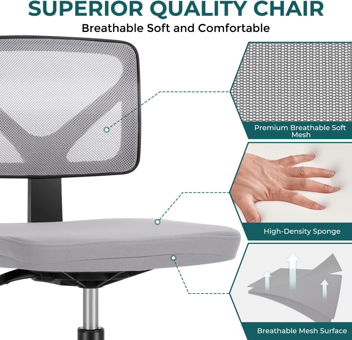 Nextay Armless Office Chair, Ergonomic Mesh Desk Chair with Swivel Wheels, Adjustable Height, Mid-Back Rolling Task Chair for Small Spaces