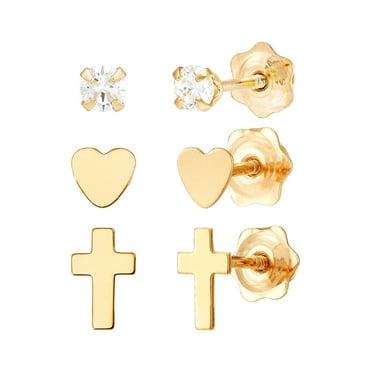 Brilliance Fine Jewelry Cubic Zirconia Studs,Cross,Heart Studs Set in 10K Yellow Gold