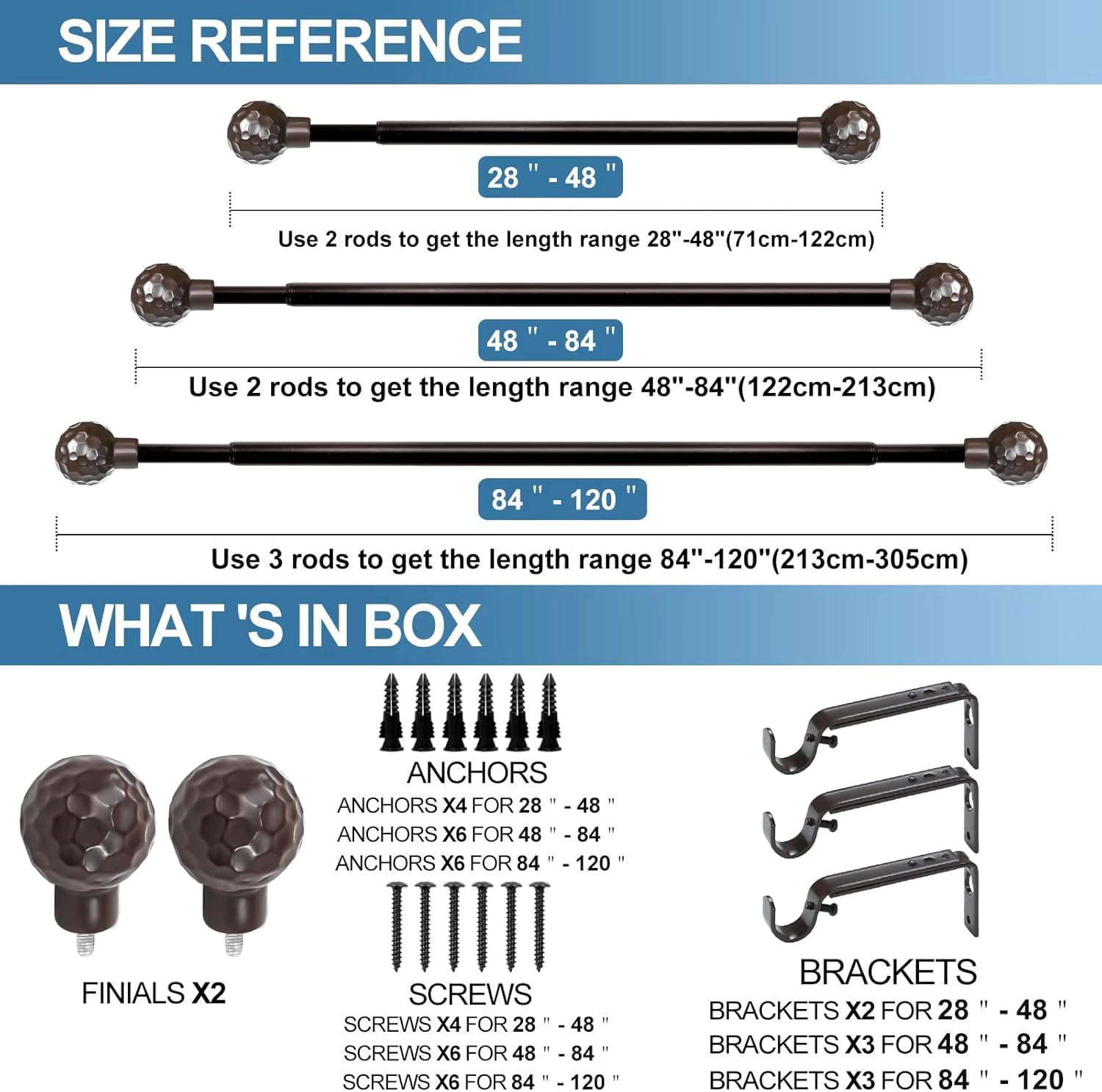 Urbanest Adjustable Single Curtain Rod Set Hammered Ball Finials – 3/4-Inch Diameter, With Bronze Rod, 48–84 Inches