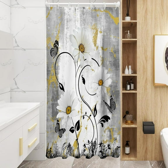 Black and Gold Floral Shower Curtain White Grey Flowers Butterfly Stall Small Single Walk in Half Size Dorm Standing Narrow Stand Up RV Home Bathroom Decor Bathtub Set with 7 Hooks, 36x72, Fun