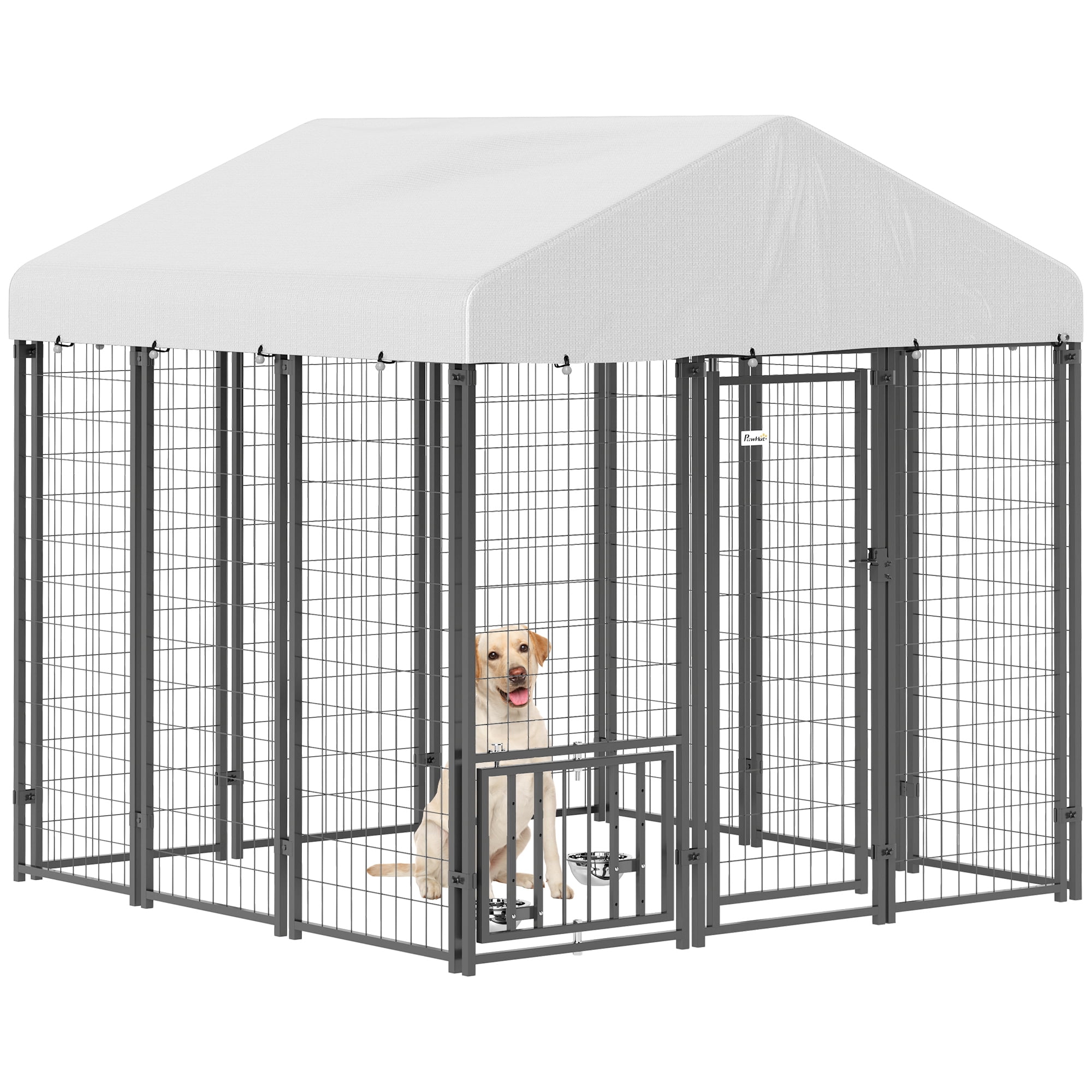 PawHut Outdoor Dog Kennel with Roof, 5.9' x 5.9' x 6' Heavy Duty Welded Wire Dog Playpen Fence with Rotating & 4-Level Adjustable Feeding Bowls