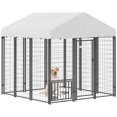 thumbnail image 3 of PawHut Outdoor Dog Kennel with Roof, 5.9' x 5.9' x 6' Heavy Duty Welded Wire Dog Playpen Fence with Rotating & 4-Level Adjustable Feeding Bowls, 3 of 10
