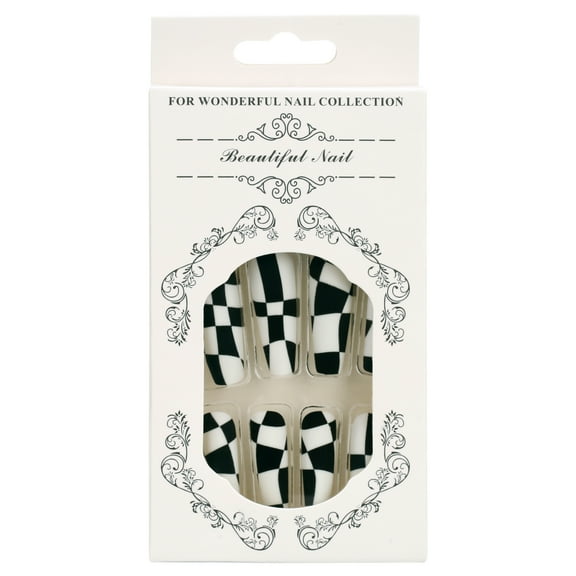 CC HOME Press On Nails - Black White Almond Glossy Long Coffin Nails with Salon UV Finish, Reusable Opaque Nails in 12 Sizes - 24 Nail Kit with Jelly Stickers