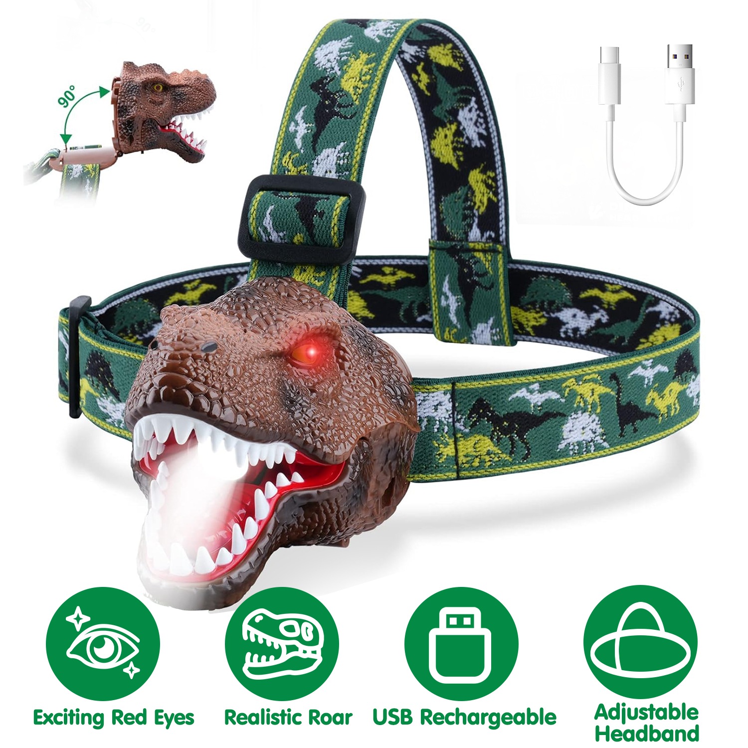 (Weiyi-EC)-- 1Pc Dinosaur Headlamp Kids Headlight Dinosaur Flashlight With Realistic Roar Sound 4 Modes Adjustable Headband Kid Camping Gear Unique Gifts For Boys **--（6lp;jg ）