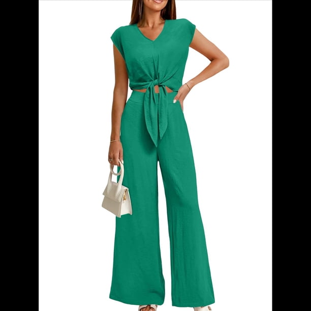 Conjuntos de Dos Piezas de Verano para Mujer 2025, Top Corto con Cinturón, Mangas y Cuello en V, Pantalones Anchos, Chándal Informal. Verde XL