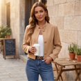 thumbnail image 4 of Leidass Womens Cropped Blend Stand Collar Jacket Long Sleeve Button Front Solid Color Casual Short Outerwear for Fall Winter Daily Wear Khaki L, 4 of 7