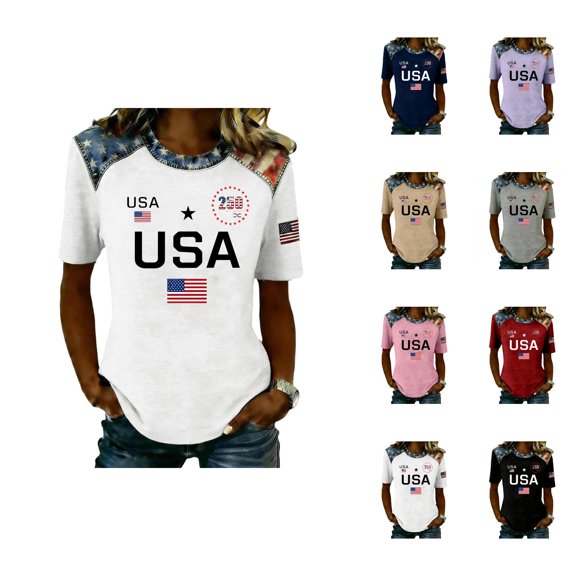 USA 250th Anniversary Shirt for Women American Flag Print T Shirts Fourth of July Clothes Casual Crewneck Summer Tops