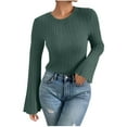 thumbnail image 2 of ClodeEU Womens Long Bell Sleeve T Shirts, Knit Crewneck Lightweight Sweaters,Trendy Blouse Navy,Womens Plus M, 2 of 5