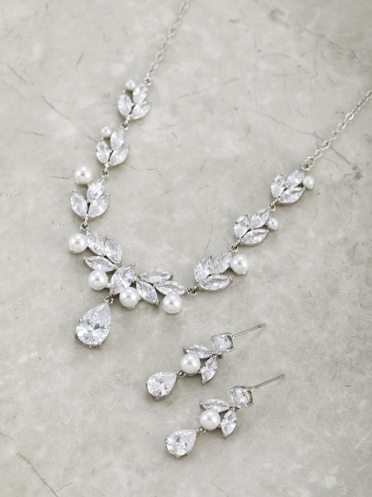 Believe by Brilliance Fine Silver Plated Earring and Necklace Set with Genuine CZ, Leaf Motif, 1 Piece/1 Pair