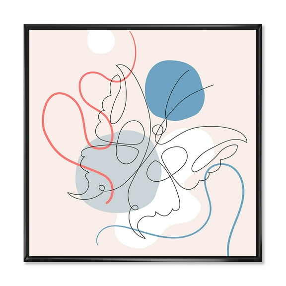 Designart 'Butterfly With One Line Drawing On Cubism Shapes I' Modern Framed Canvas Wall Art Print
