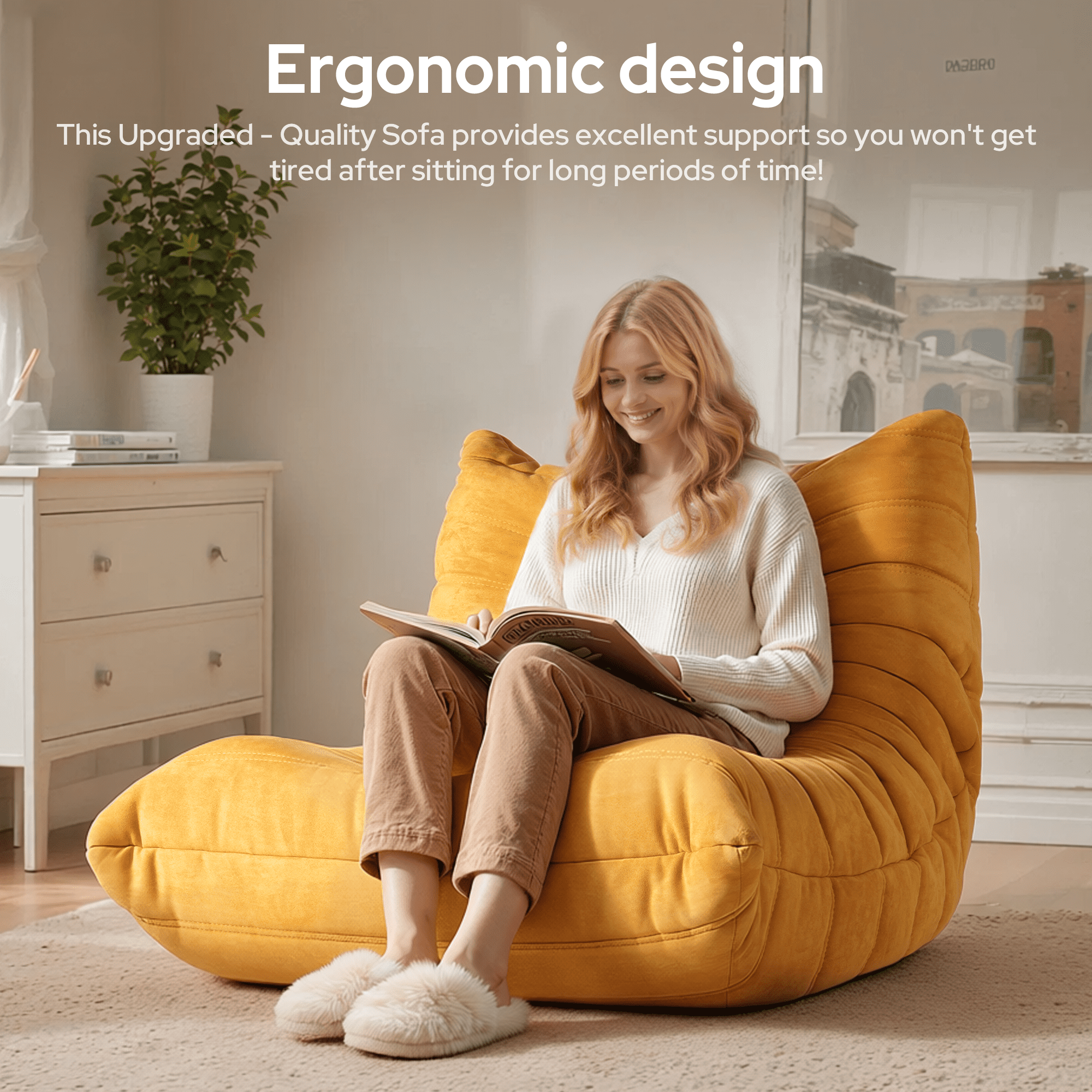 Cottinch Giant Bean Bag Chair Lazy Floor Sofa for Adults, Teens, Memory Foam Sofa Fireside Togo Chair Suede Lounger Couch for Living Room, Bedroom, Yellow