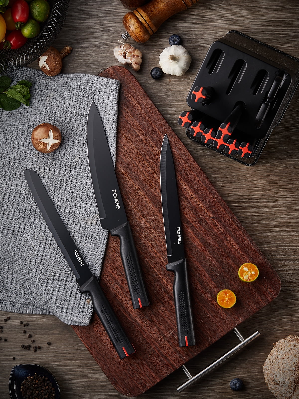 FOHERE 13 Pieces Knife Set with Block, Stainless Steel Knive Sets for Kitchen with Built-in Sharpener Sharp Granite Kitchen Knife Block Set with Anti-slip Handle Rust Resistant, Black