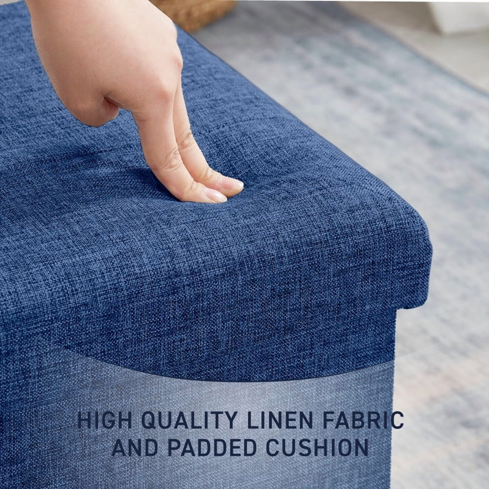 Ornavo Home 2 Pack 15 Inch Folding Storage Ottoman with Storage, Square Cube Linen Small Storage Ottoman Foot Rest Stool - Navy Blue