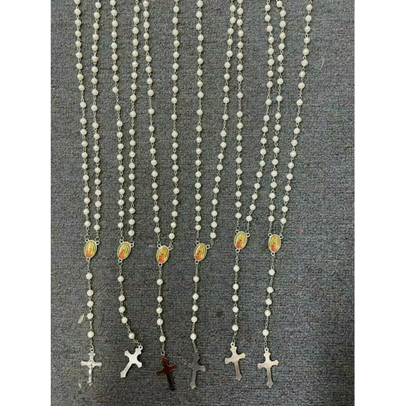 12 x Wholesale Bulk Lady of Guadalupe Pearl Rosary Necklace for Baptism, Weddin