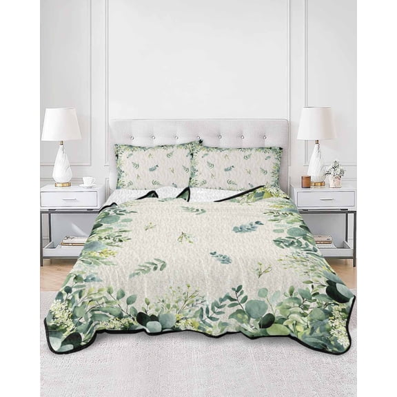 Quilts Twin Size, Eucalyptus Soft Comforter Bedding Set for Bed, Farmhouse Flower Plant Sage Green Country Lightweight Quilted Bedspread with Pillow Cover(2 Pieces) for All Season, 68x86 Inch