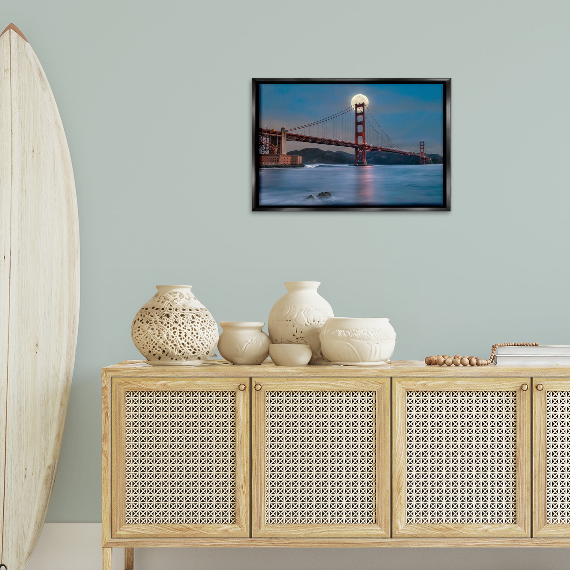 Stupell Industries Moonlit Bridge Landmark Scenic & Cityscapes Painting Black Floater Framed Canvas Art Print Wall Art, 25 x 17